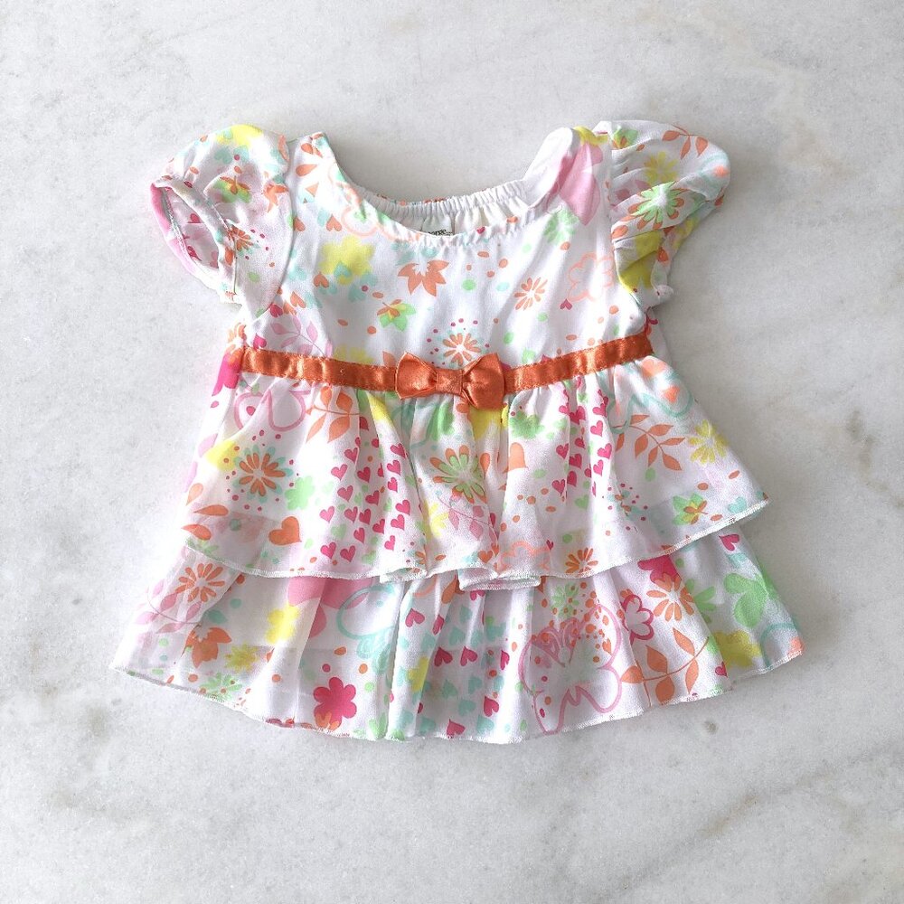 3/$20 - Baby girl dress, white tiered dress with flowers & hearts, orange bow